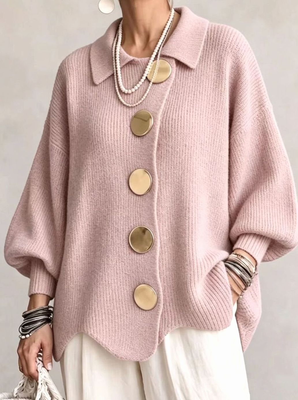 Women's Oversized Gold-Button Lantern-Sleeve Knit Cardigan - Powder Pink