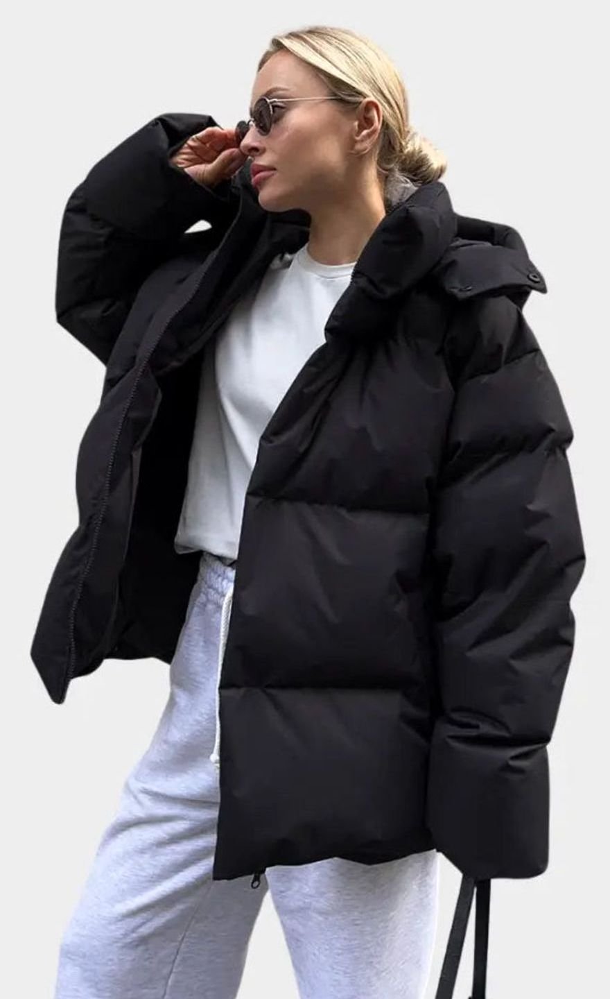Women's Oversized Hooded Puffer Coat Zip-Up Winter Jacket - Black