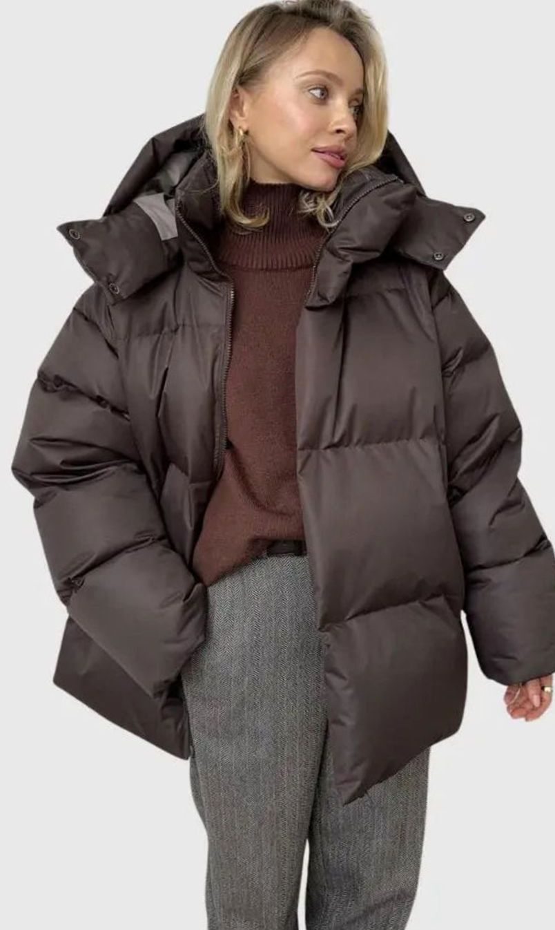 Women's Oversized Hooded Puffer Coat Zip-Up Winter Jacket - Brown