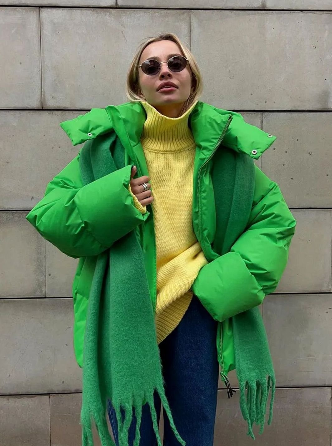 Women's Oversized Hooded Puffer Coat Zip-Up Winter Jacket - Light Green