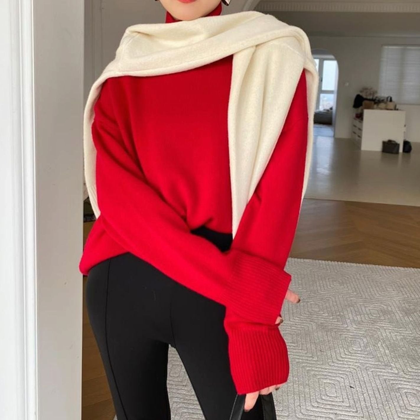 Women's Oversized Knit Turtleneck Long-Sleeve Jumper - Red