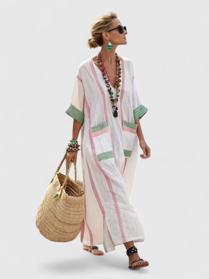 Women's Oversized Linen V-Neck Stripe-Trim Boho Maxi Dress - White