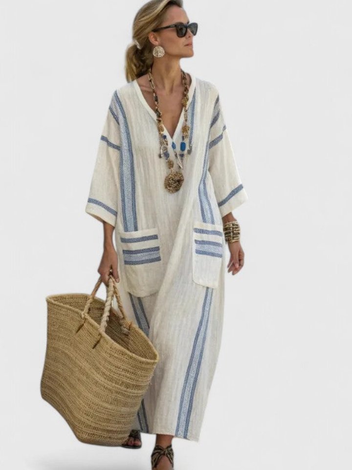 Women's Oversized Linen V-Neck Stripe-Trim Boho Maxi Dress - White 3