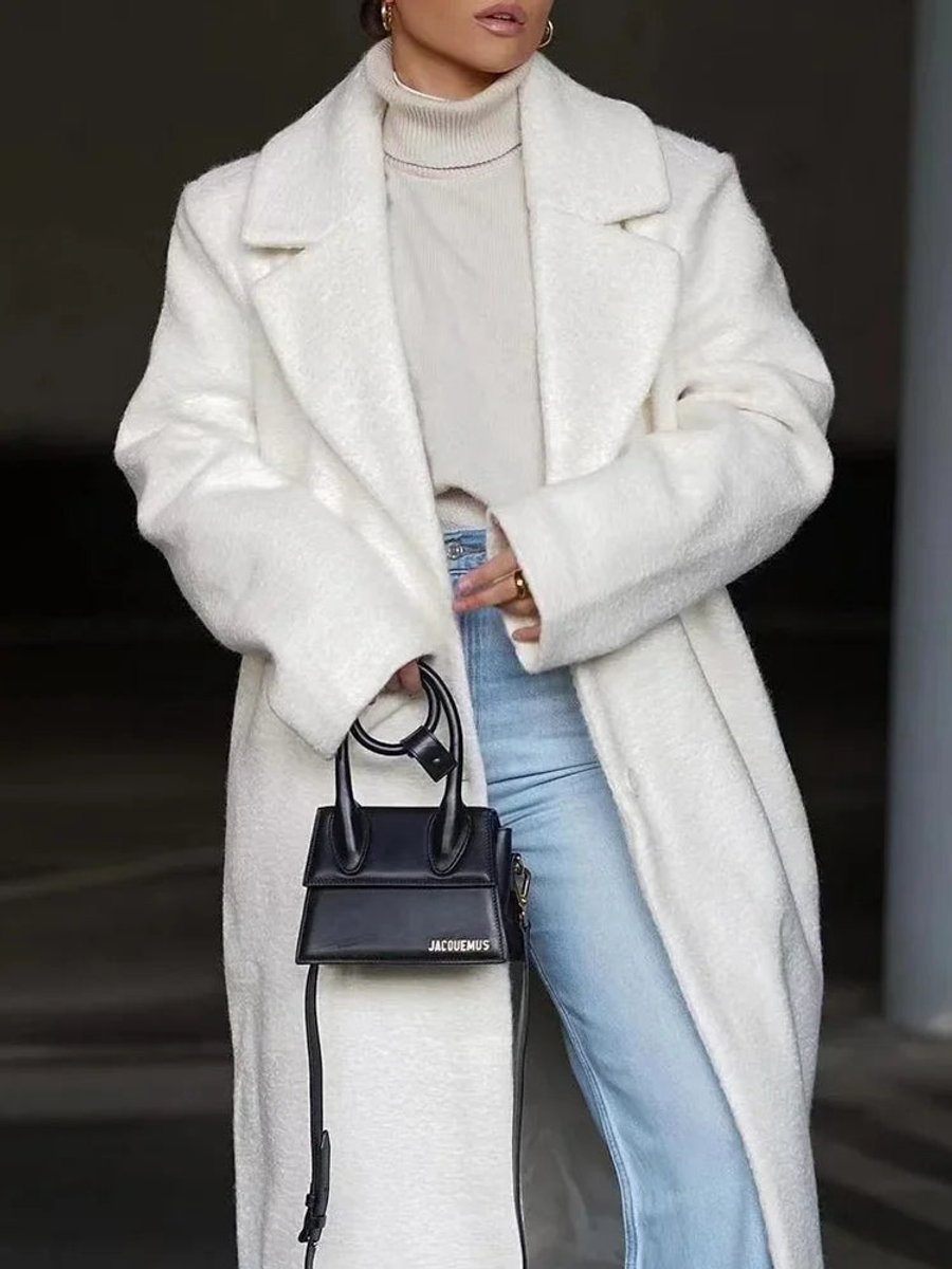 Women's Oversized Long Lapel Single-Breasted Teddy Coat - White