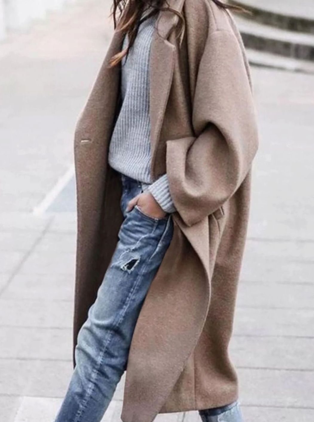 Women's Oversized Long Wool Coat Wide-Sleeve Winter Outerwear - Khaki