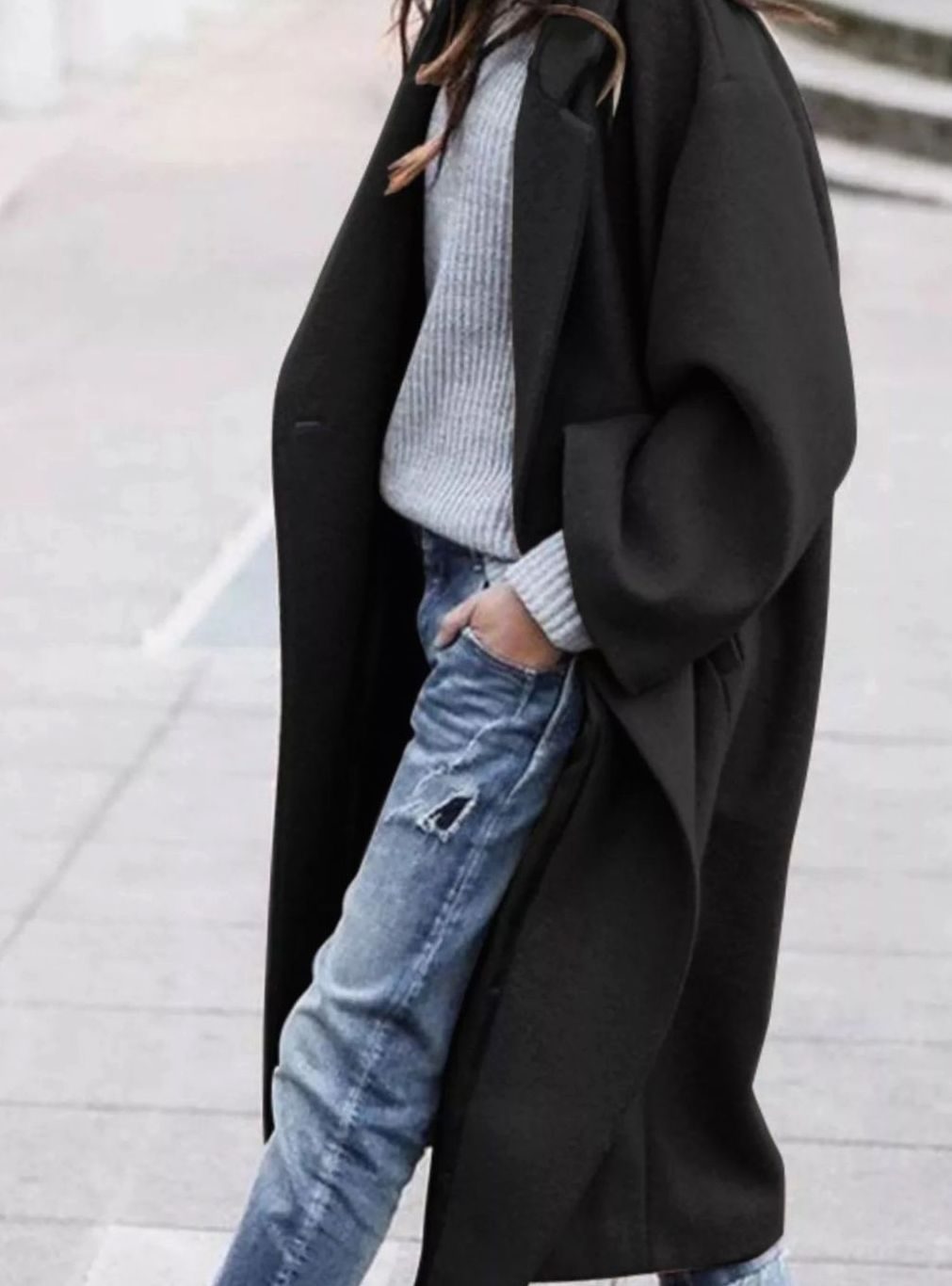 Women's Oversized Long Wool Coat Wide-Sleeve Winter Outerwear - Black