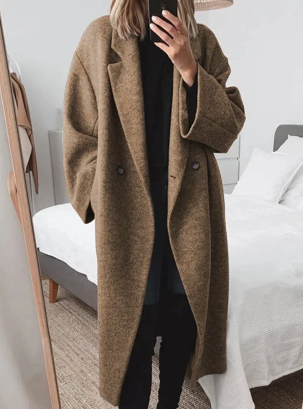 Women's Oversized Longline Double-Breasted Wool-Look Coat - Brown