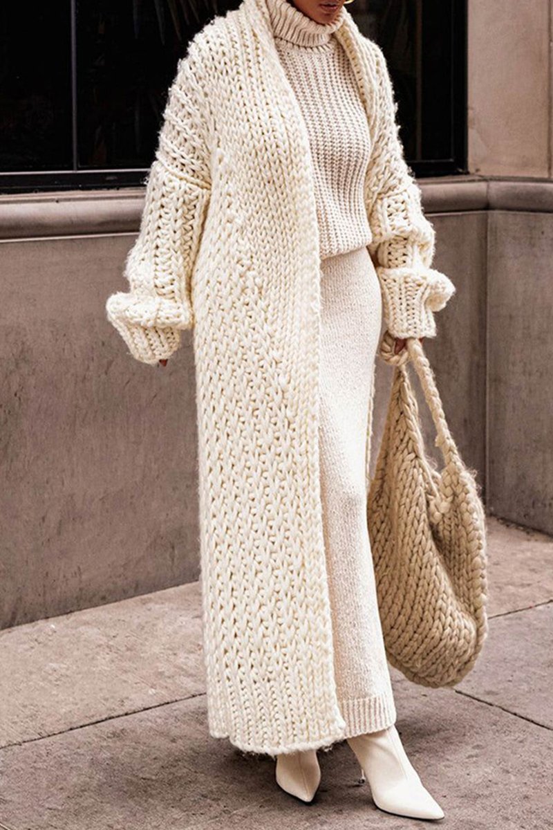 Women's Oversized Open-Front Longline Chunky Knit Cardigan - Beige