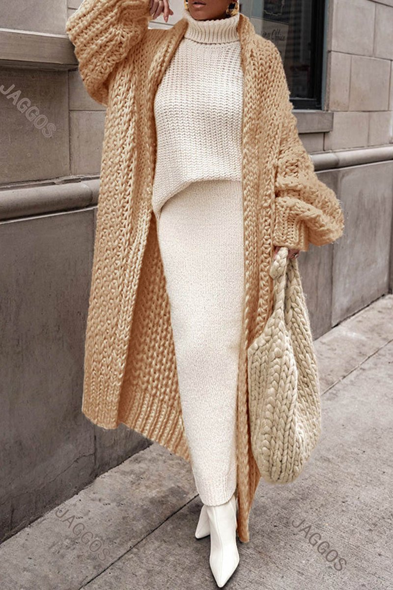 Women's Oversized Open-Front Longline Chunky Knit Cardigan - Brown