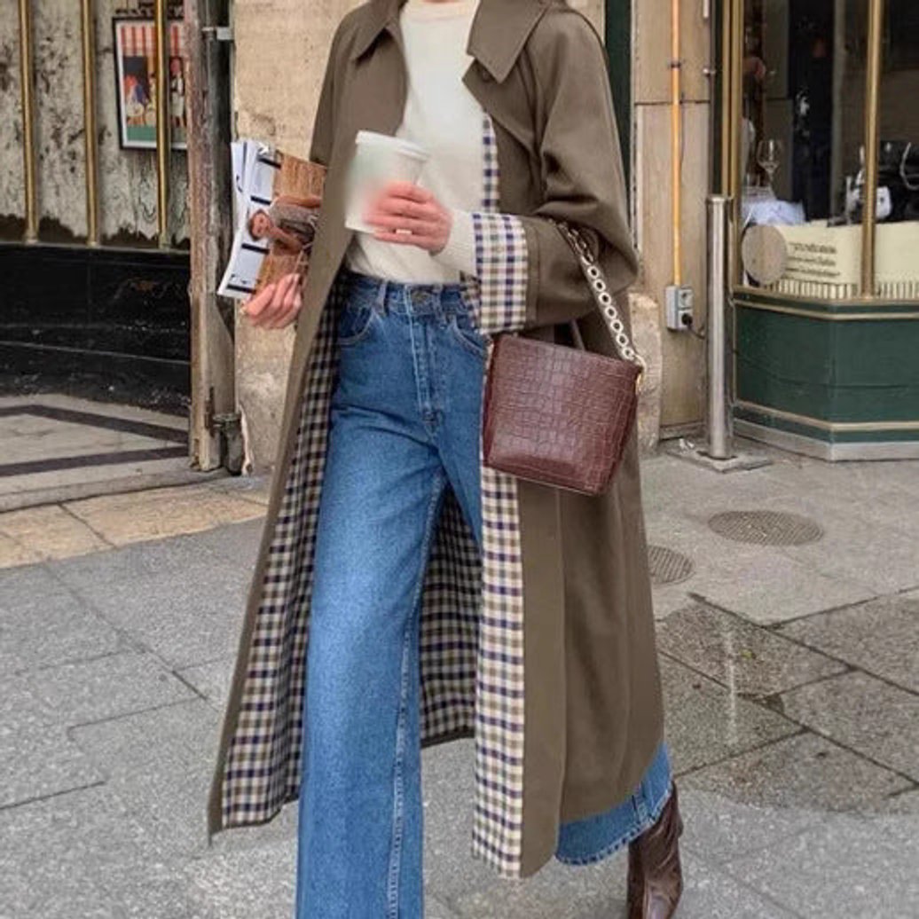 Women's Oversized Plaid-Lined Longline Trench Coat