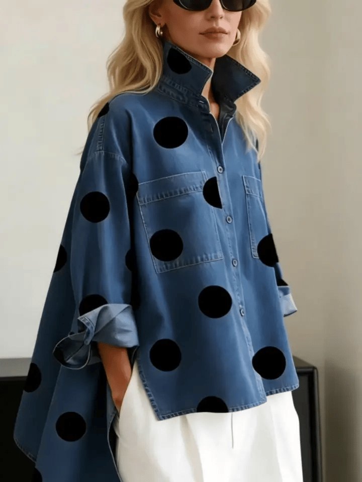 Women's Oversized Polka Dot Denim Long-Sleeve Shirt