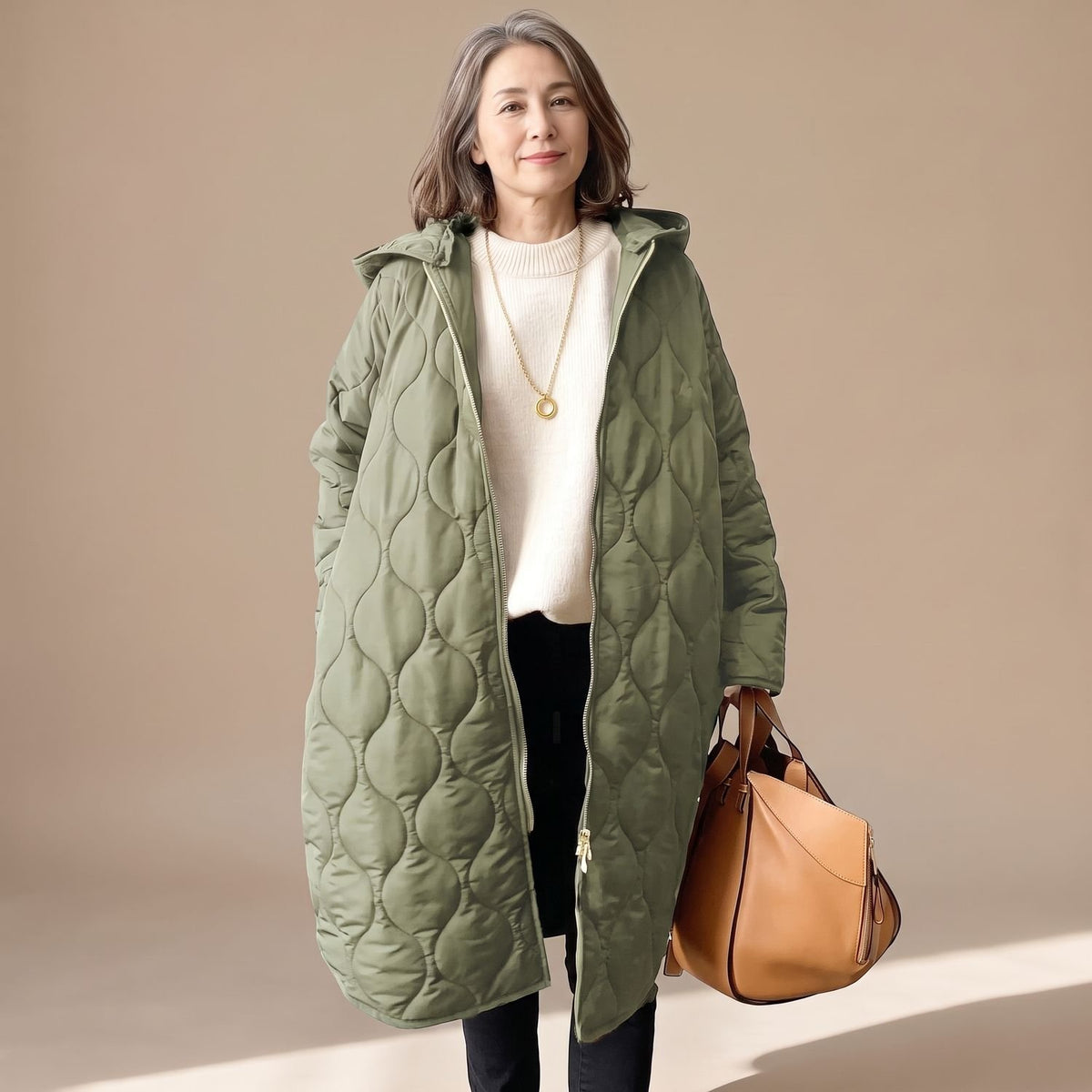 Women's Oversized Quilted Hooded Puffer Jacket Long Padded Coat - Light Green