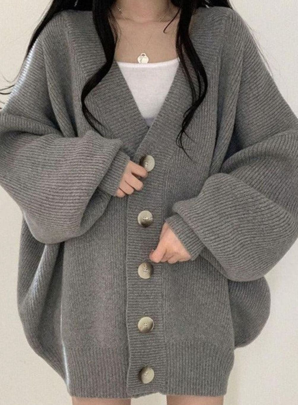 Women's Oversized Ribbed-Knit Button-Down Winter Cardigan