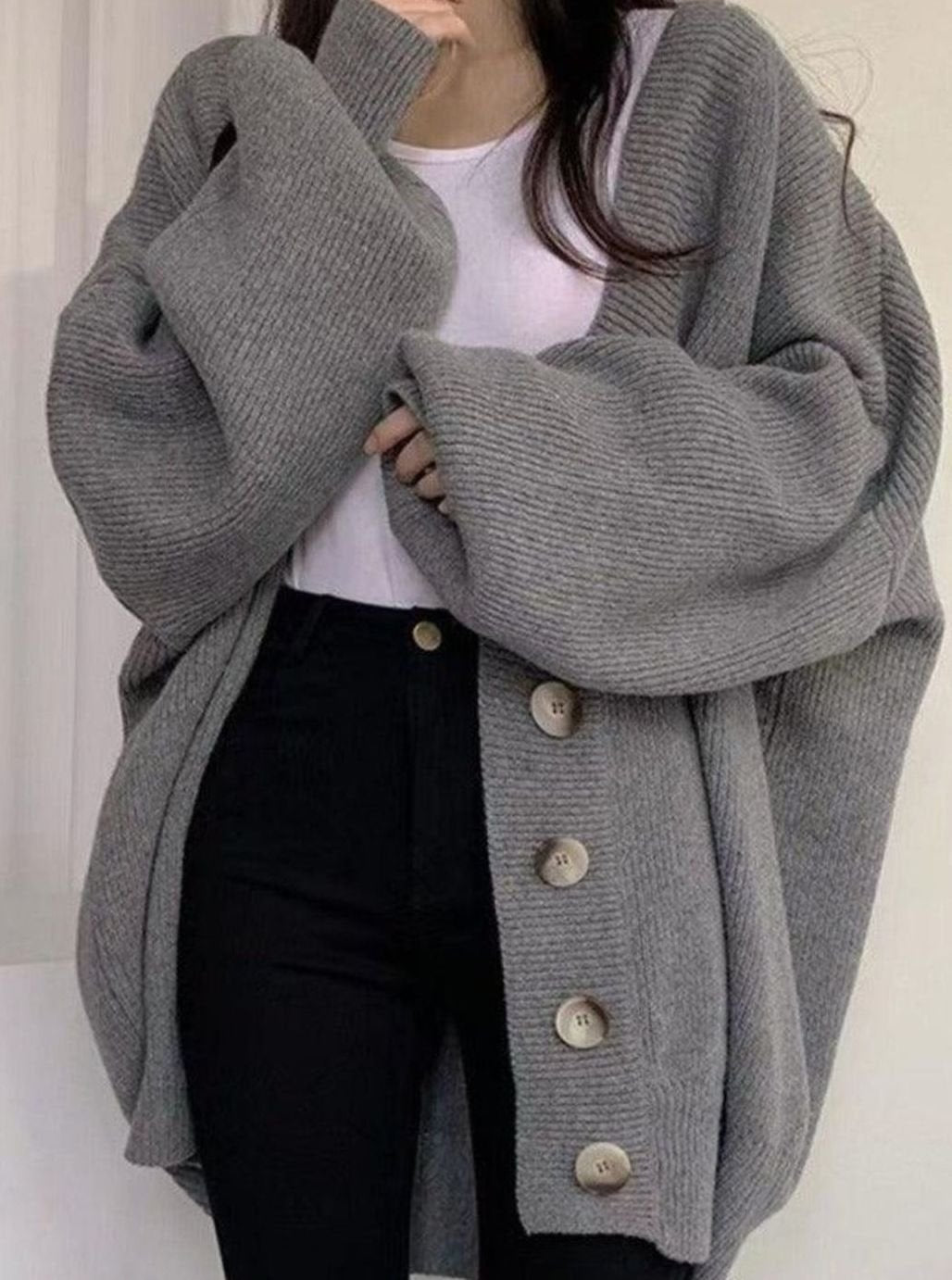Women's Oversized Ribbed-Knit Button-Down Winter Cardigan