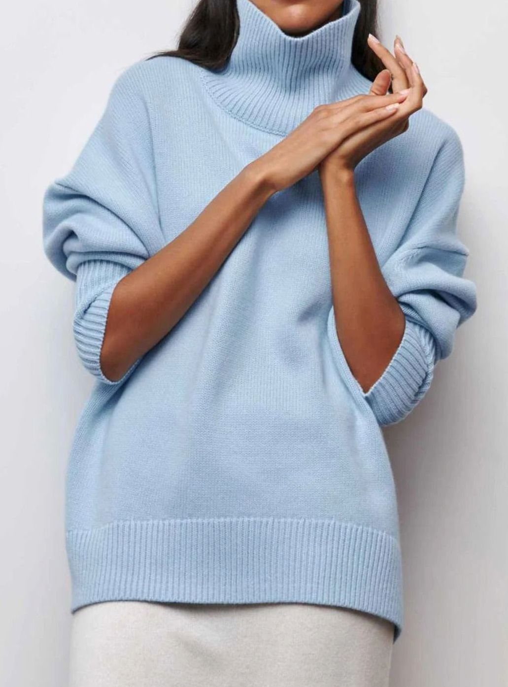 Women's Oversized Roll Neck Ribbed Knit Elbow-Slit Sweater - Blue