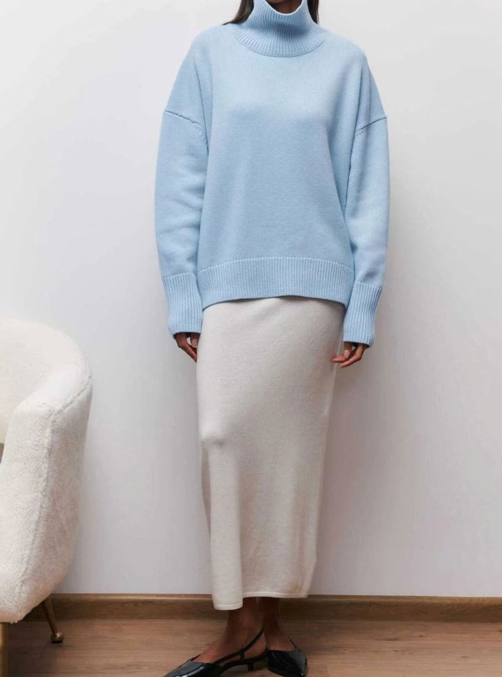 Women's Oversized Roll Neck Ribbed Knit Elbow-Slit Sweater
