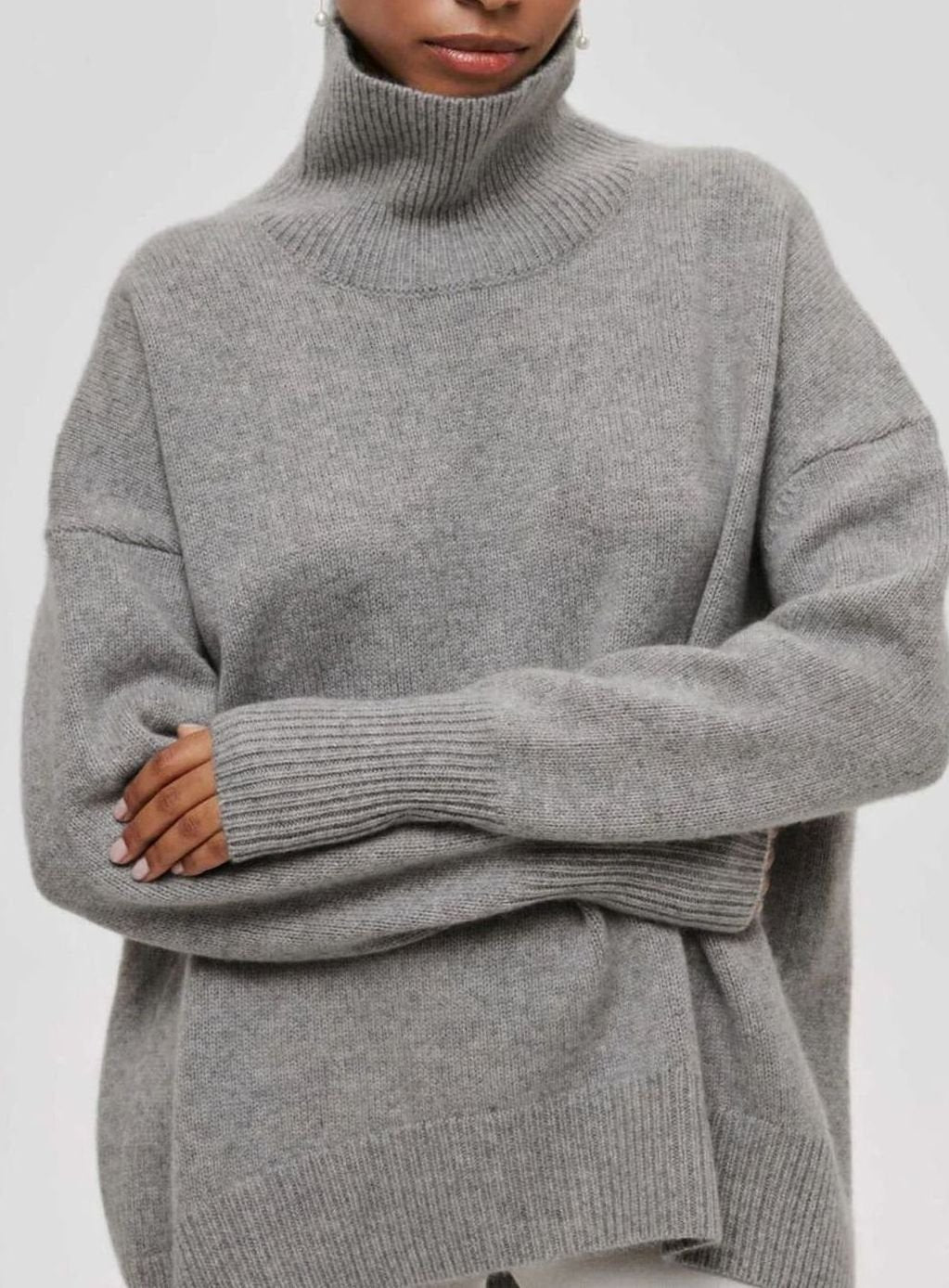 Women's Oversized Roll Neck Ribbed Knit Elbow-Slit Sweater - Grey