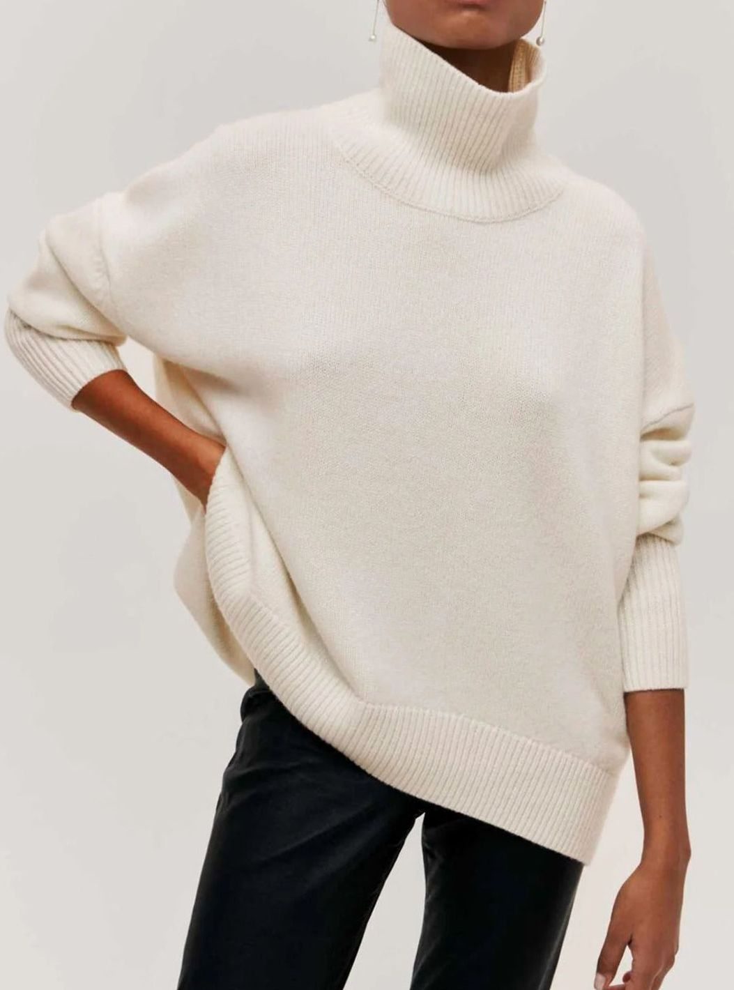 Women's Oversized Roll Neck Ribbed Knit Elbow-Slit Sweater - White