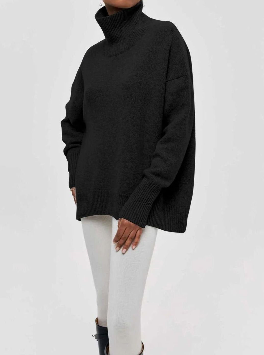Women's Oversized Roll Neck Ribbed Knit Elbow-Slit Sweater - Black