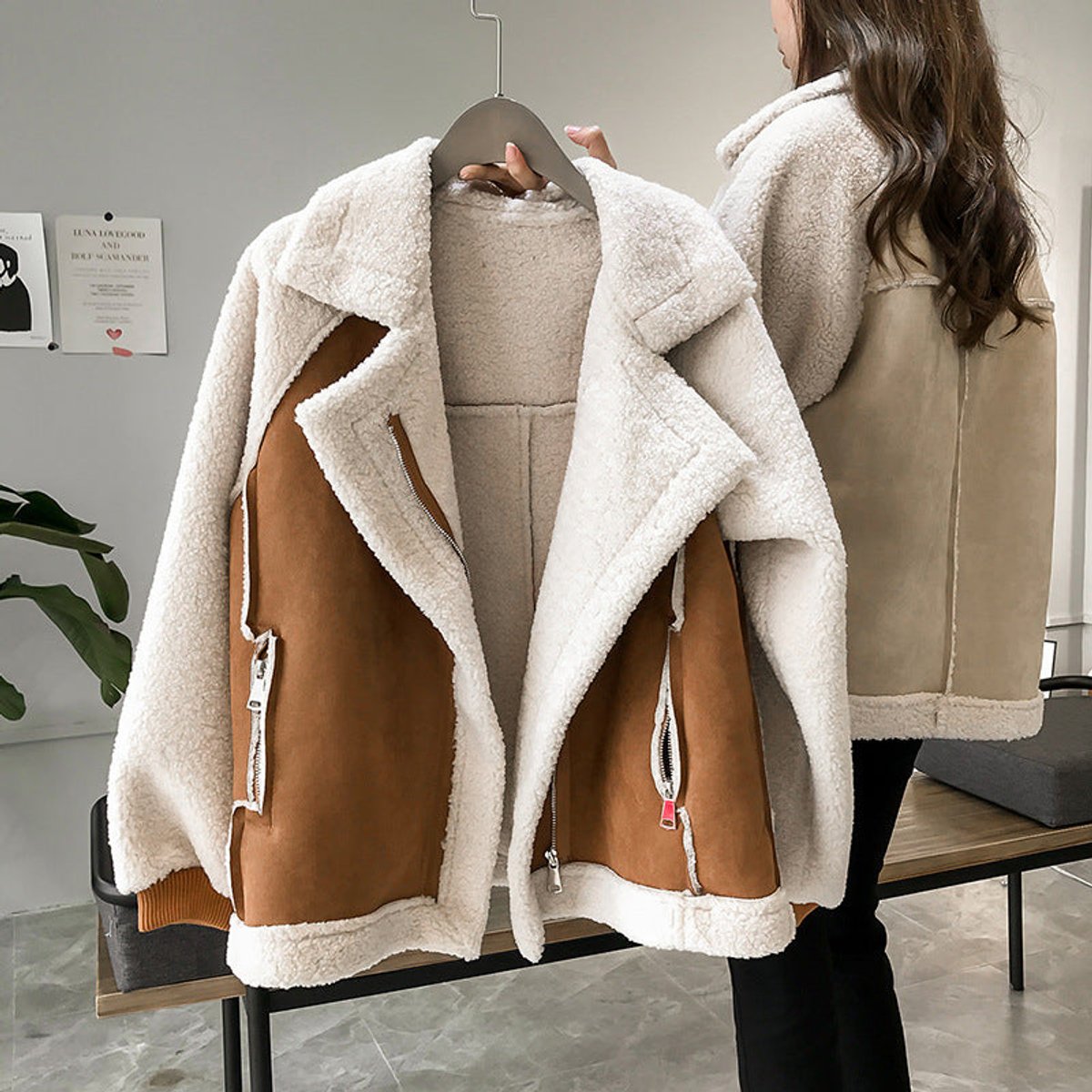 Women's Oversized Sherpa Colour Block Zip-Up Winter Coat - Bronze
