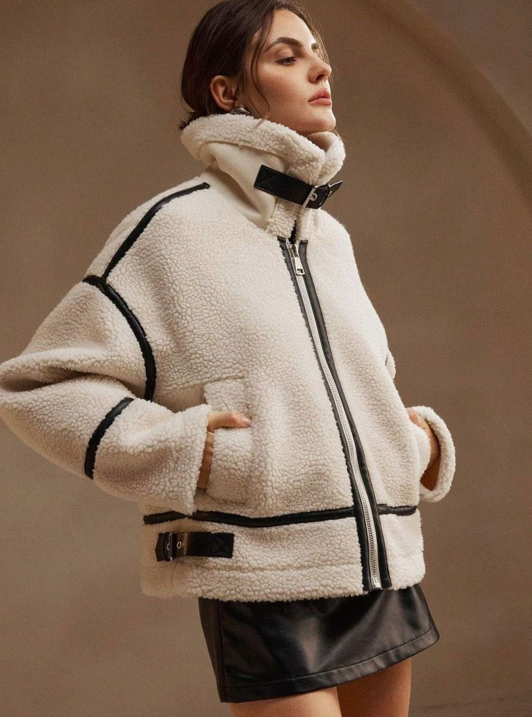Women's Oversized Sherpa Teddy Jacket Contrast Trim Zip-Front