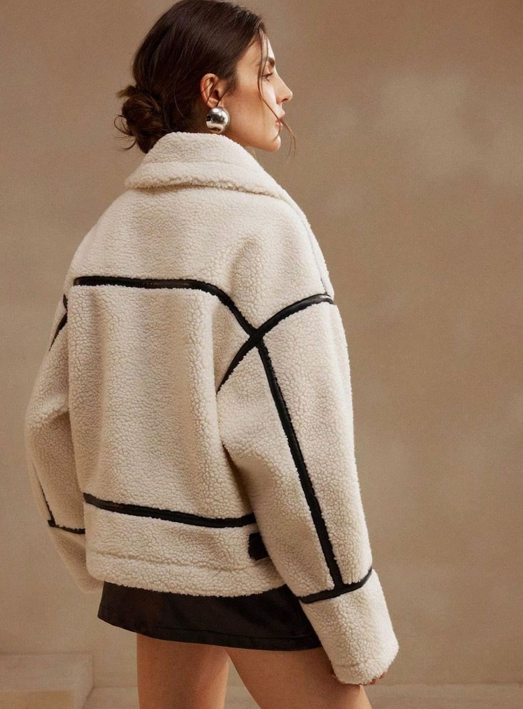 Women's Oversized Sherpa Teddy Jacket Contrast Trim Zip-Front