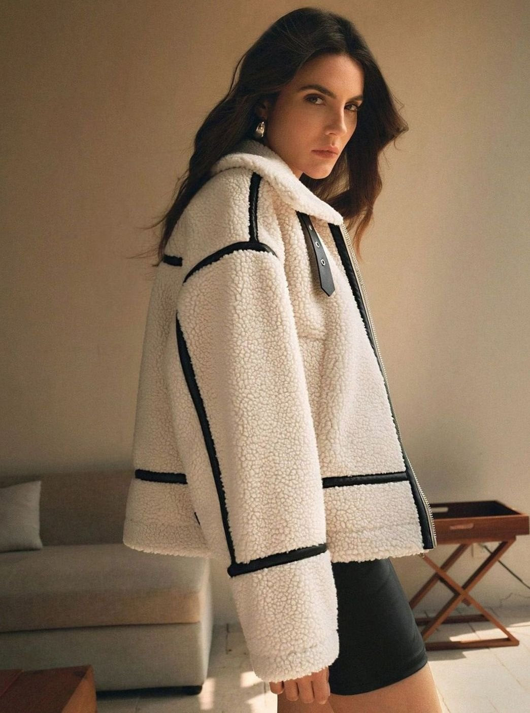 Women's Oversized Sherpa Teddy Jacket Contrast Trim Zip-Front