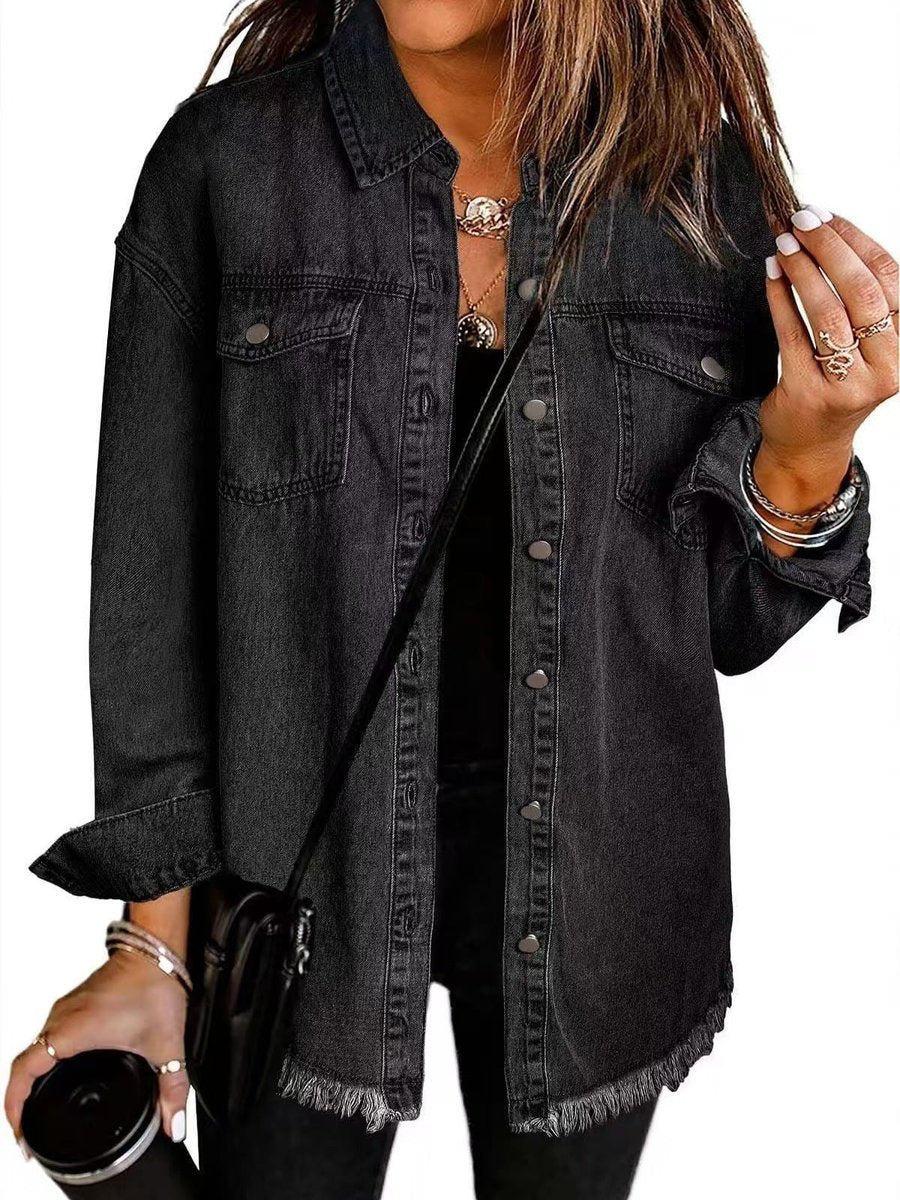 Women's Oversized Snap-Button Denim Jacket Frayed Hem - Black