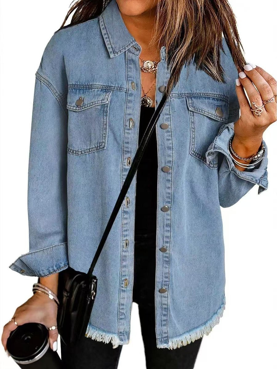 Women's Oversized Snap-Button Denim Jacket Frayed Hem - Light Blue