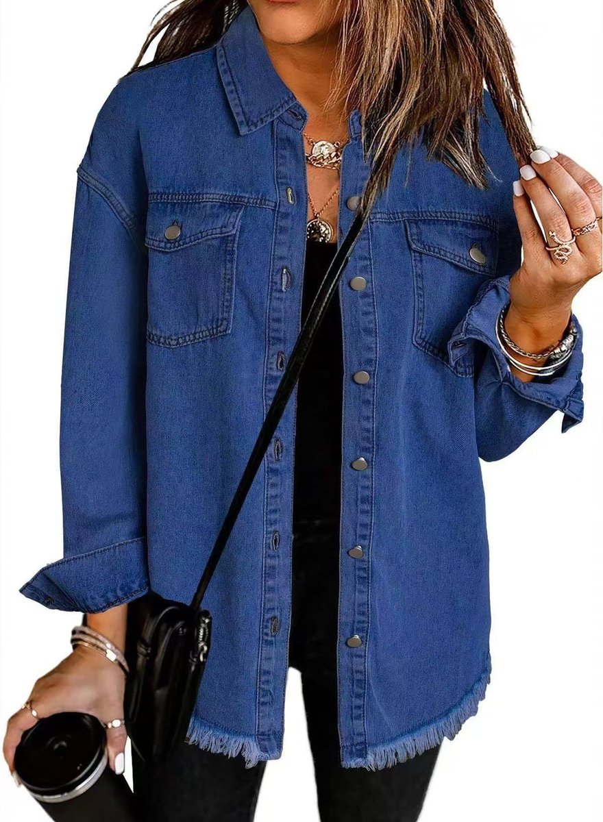 Women's Oversized Snap-Button Denim Jacket Frayed Hem - Dark Blue