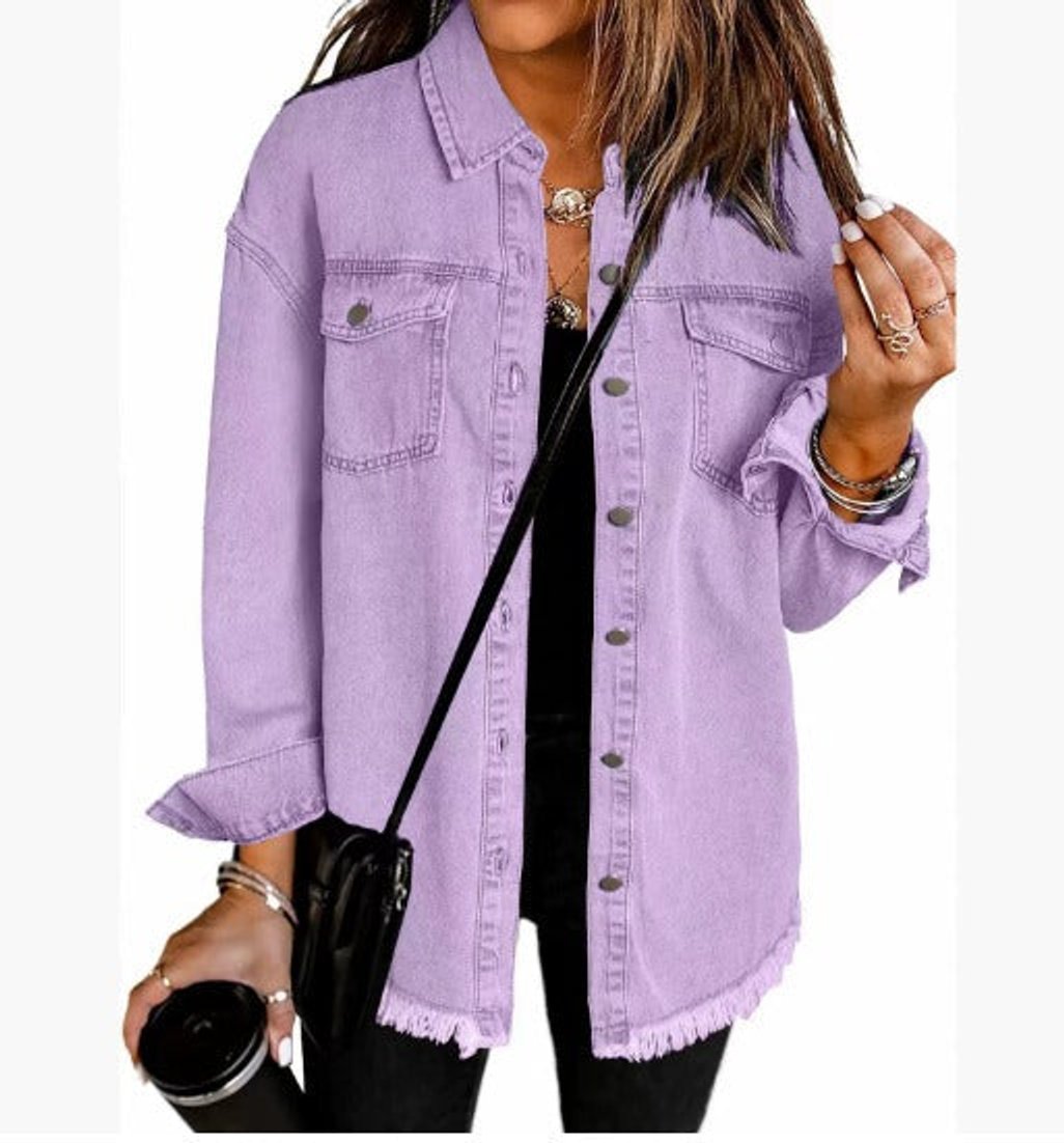 Women's Oversized Snap-Button Denim Jacket Frayed Hem