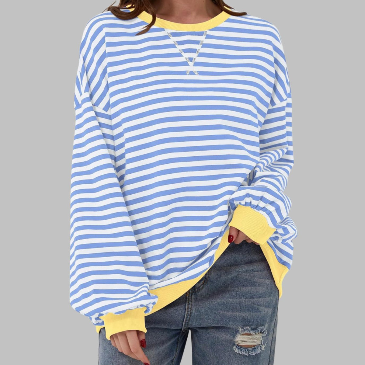 Women's Oversized Striped Crewneck Sweatshirt Retro Long Sleeve Top - Sky Blue