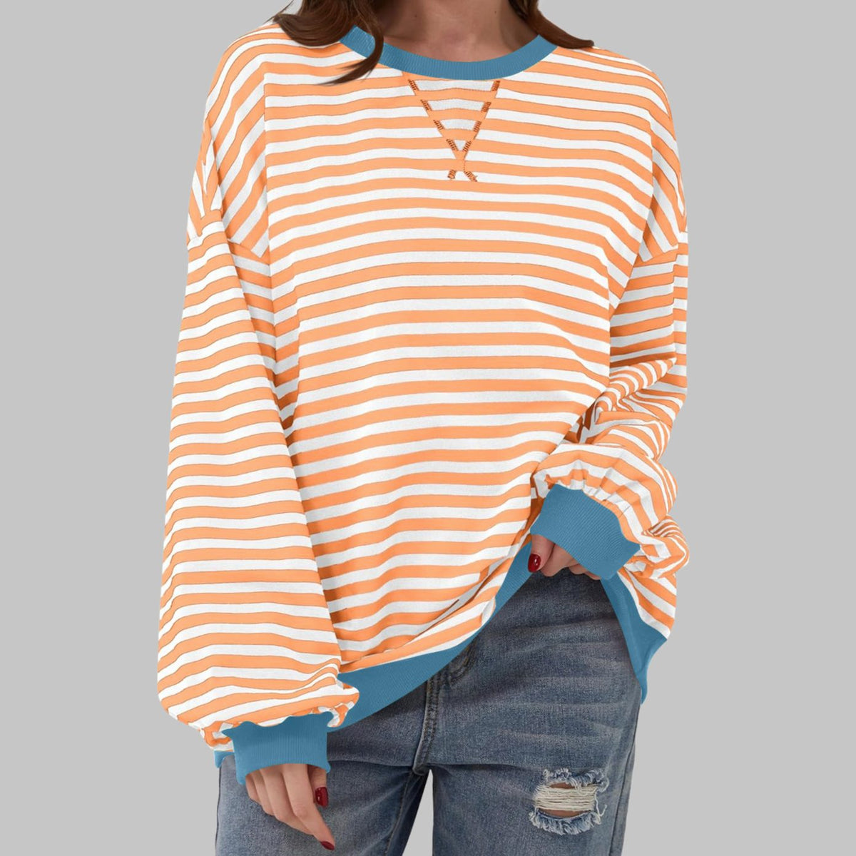 Women's Oversized Striped Crewneck Sweatshirt Retro Long Sleeve Top - Orange