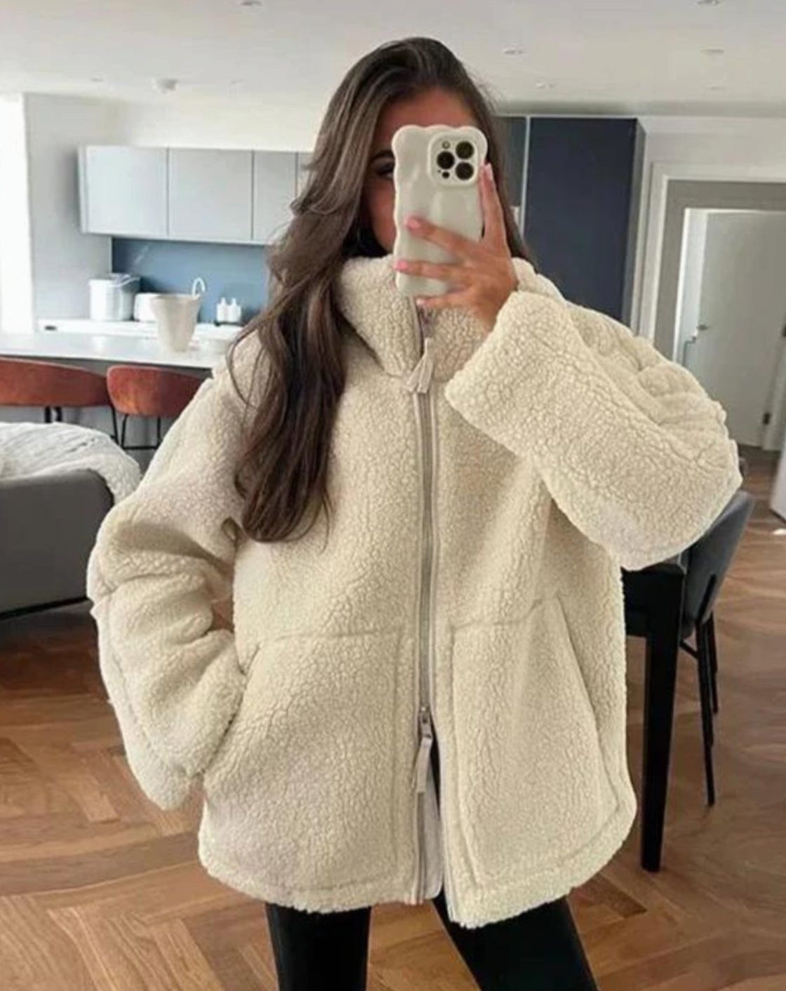Women's Oversized Teddy Fleece Zip-Up Jacket - White