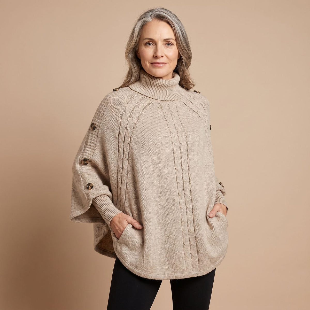Women's Oversized Turtleneck Cable-Knit Batwing Sleeve Jumper - Apricot