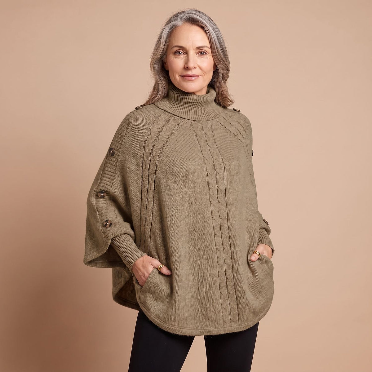 Women's Oversized Turtleneck Cable-Knit Batwing Sleeve Jumper - Camel