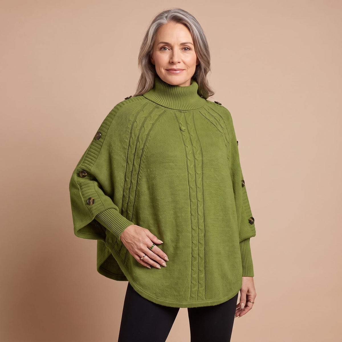 Women's Oversized Turtleneck Cable-Knit Batwing Sleeve Jumper - Green