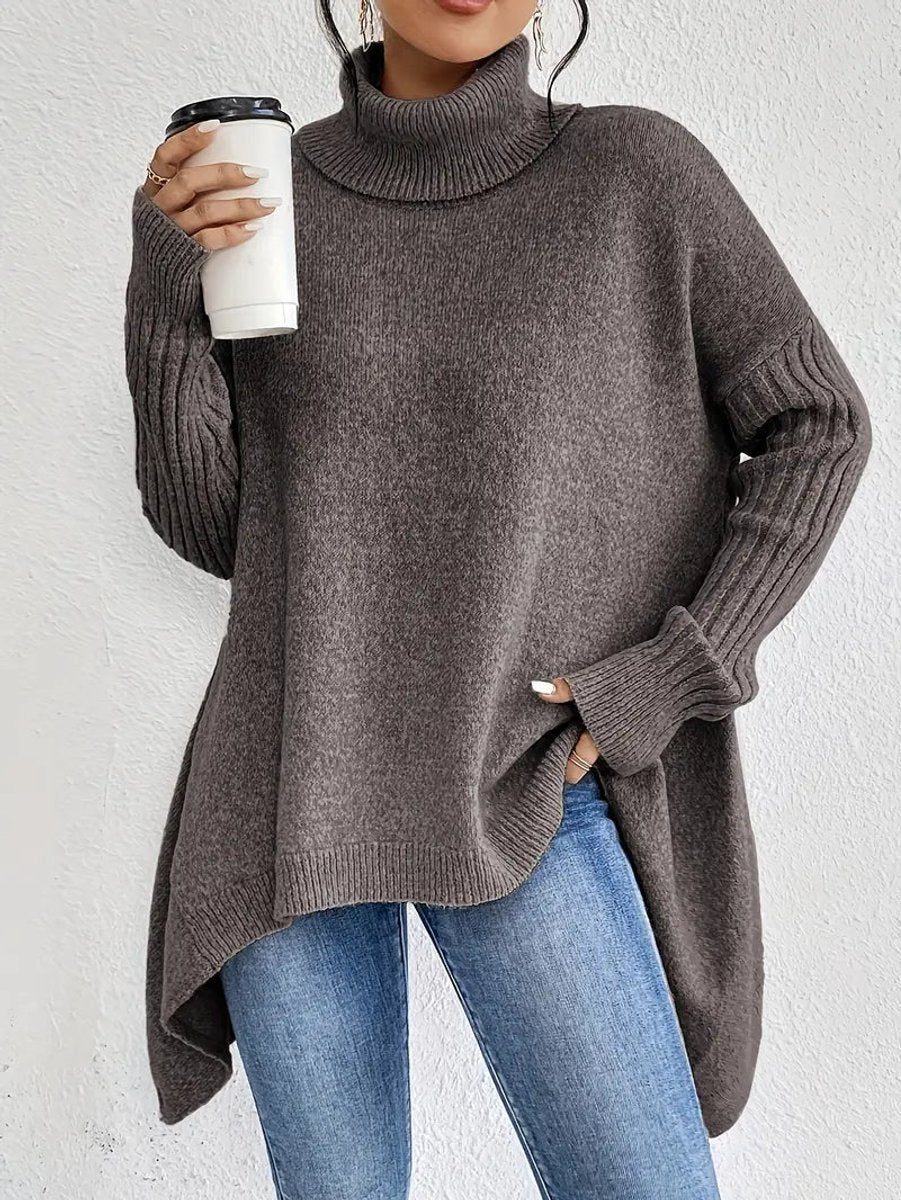 Women's Oversized Turtleneck Sweater Long Ribbed Knit Jumper - Espresso Brown