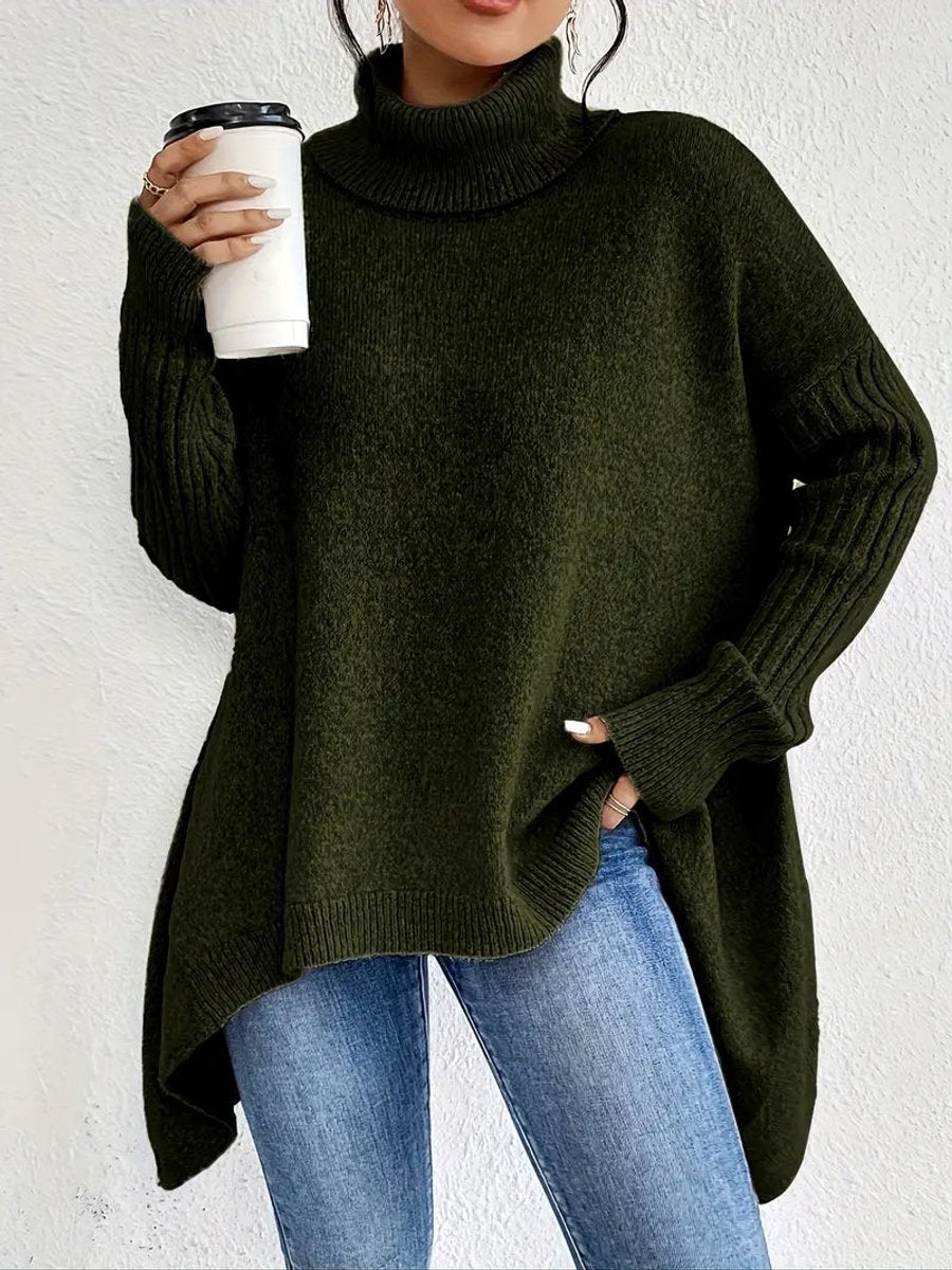 Women's Oversized Turtleneck Sweater Long Ribbed Knit Jumper - Pine Green