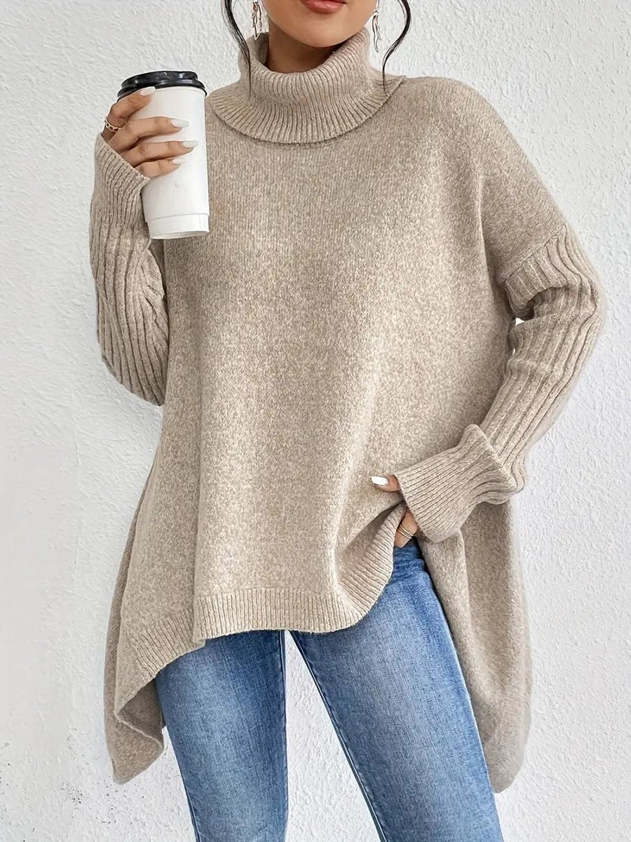 Women's Oversized Turtleneck Sweater Long Ribbed Knit Jumper - Desert Khaki