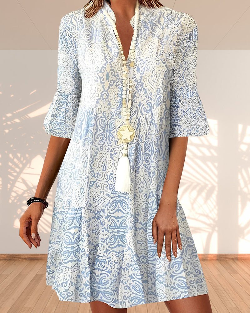 Women's Paisley Print V-Neck Bell Sleeve Relaxed Midi Dress - Blue