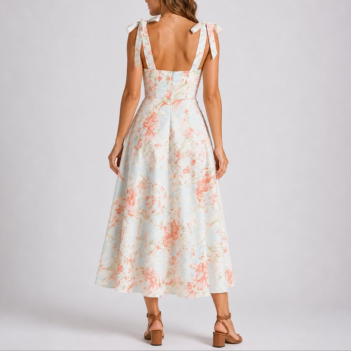 Women's Pastel Floral Ruched Sweetheart Tie-Shoulder Midi Dress