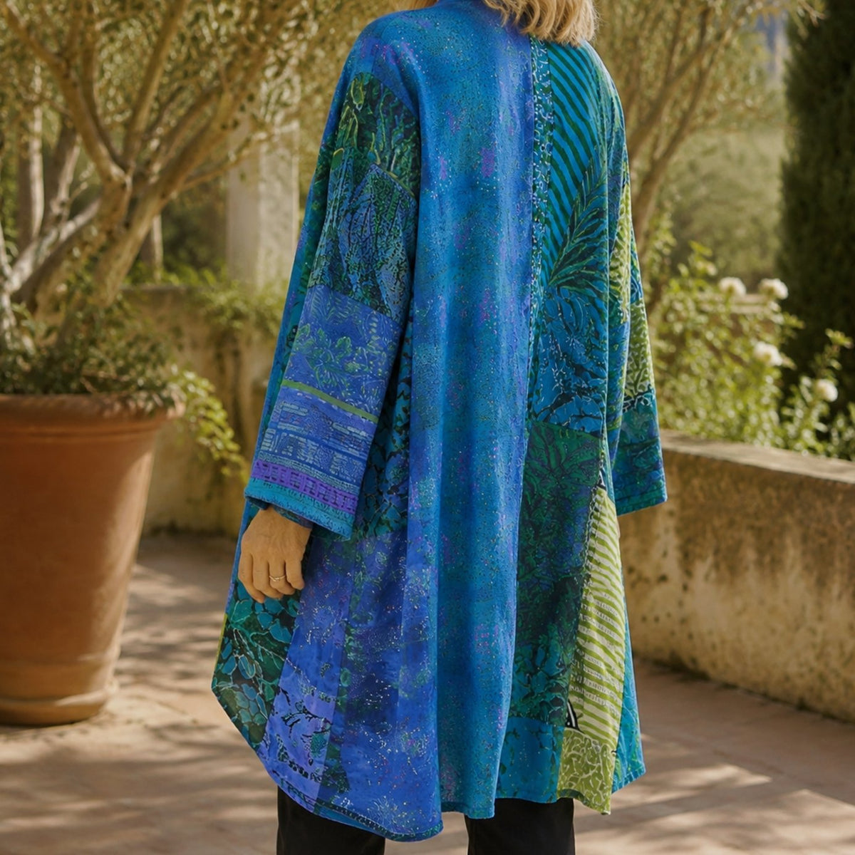 Women's Patchwork Open-Front Longline Kimono Cardigan