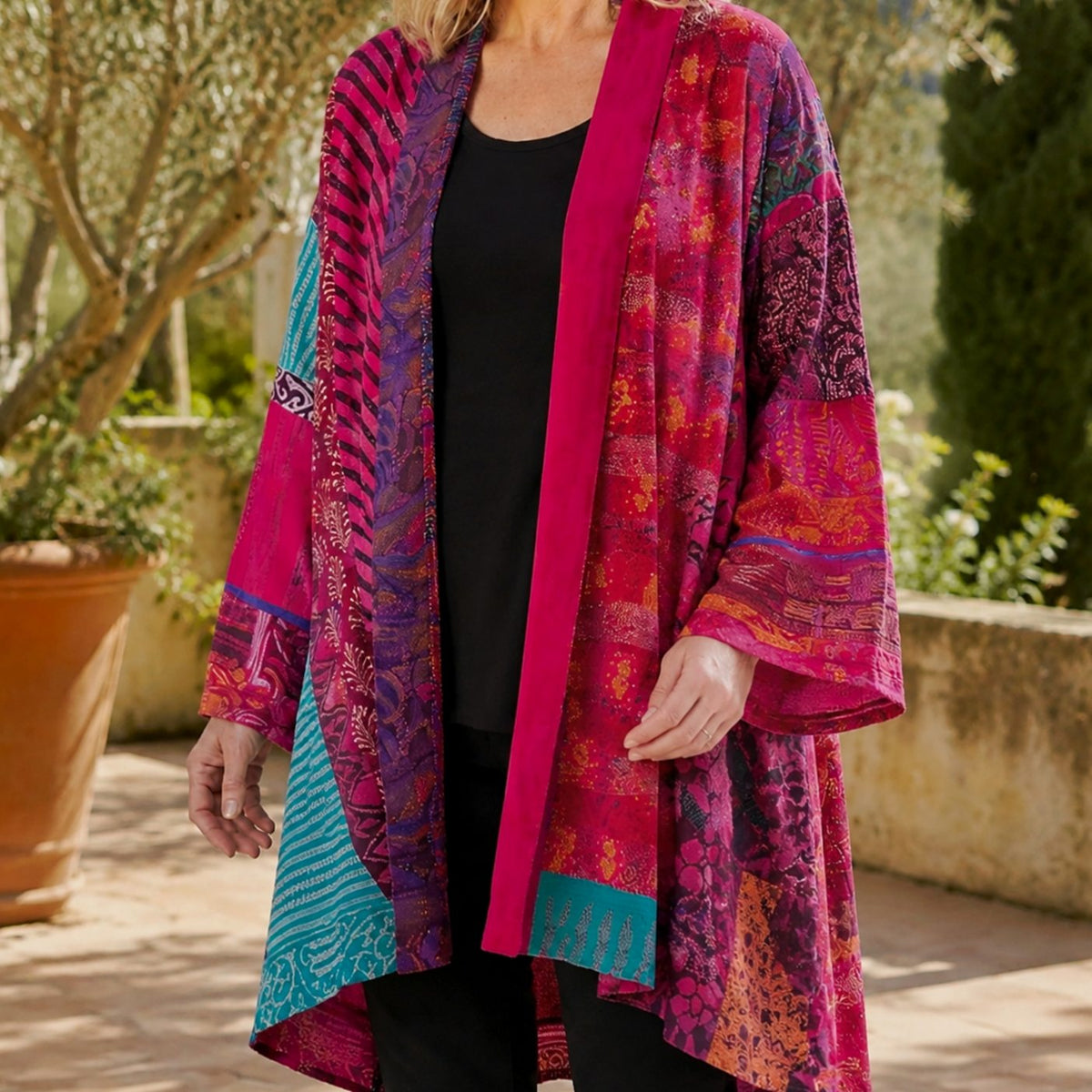 Women's Patchwork Open-Front Longline Kimono Cardigan - Pink