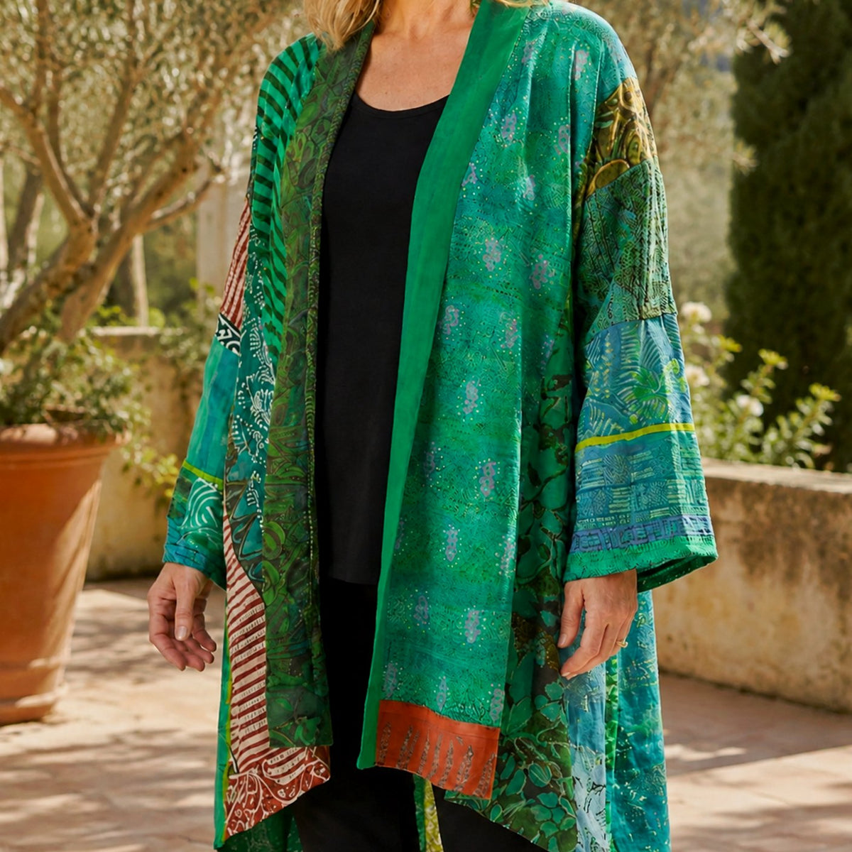 Women's Patchwork Open-Front Longline Kimono Cardigan - Green