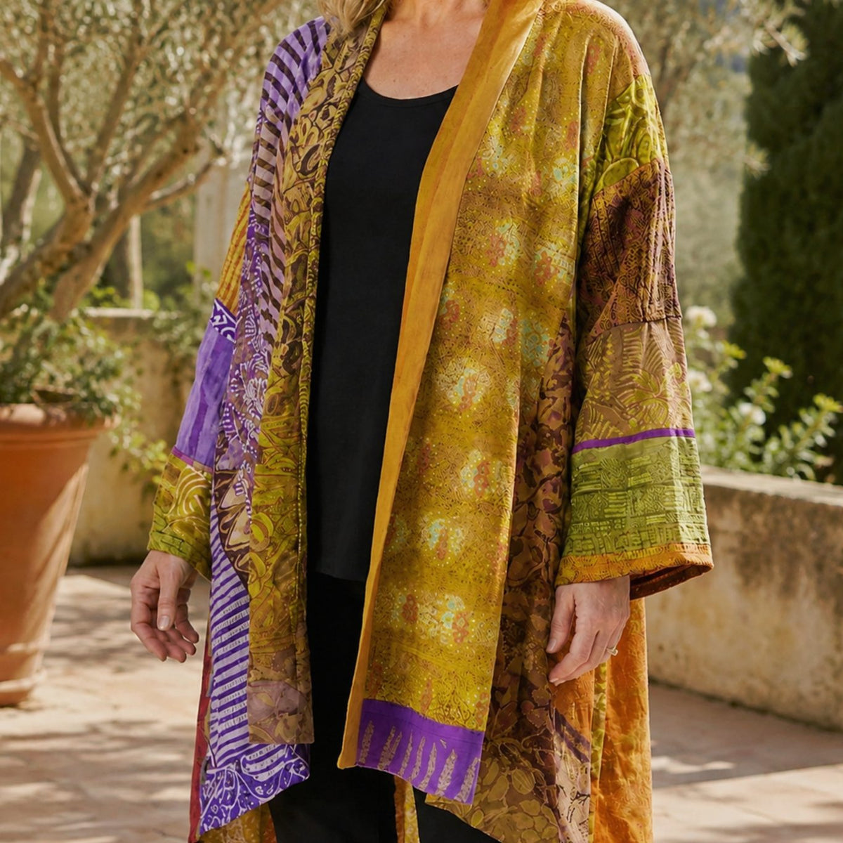 Women's Patchwork Open-Front Longline Kimono Cardigan - Yellow