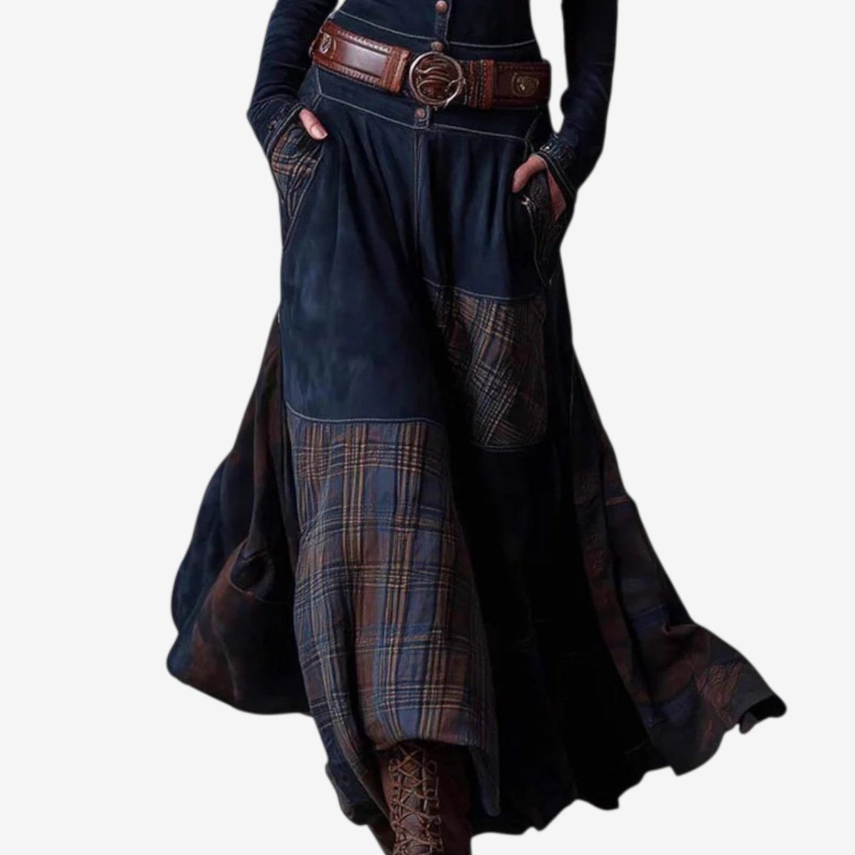 Women's Patchwork Plaid Suede Maxi Long Sleeve Dress