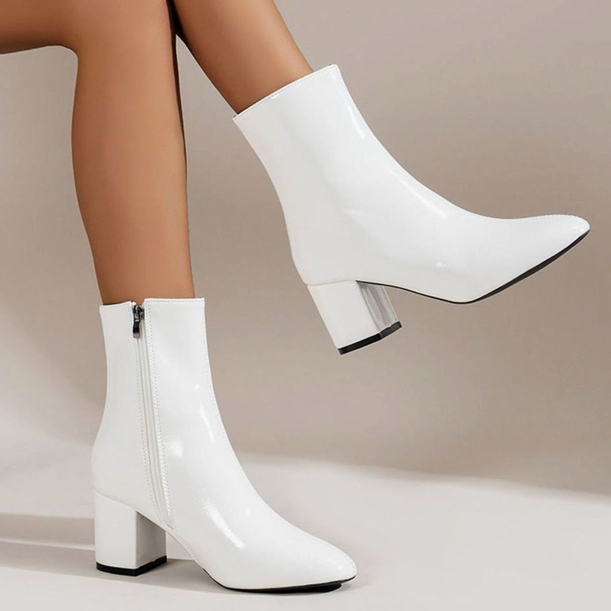 Women's Patent Block-Heel Side-Zip Ankle Boots - White