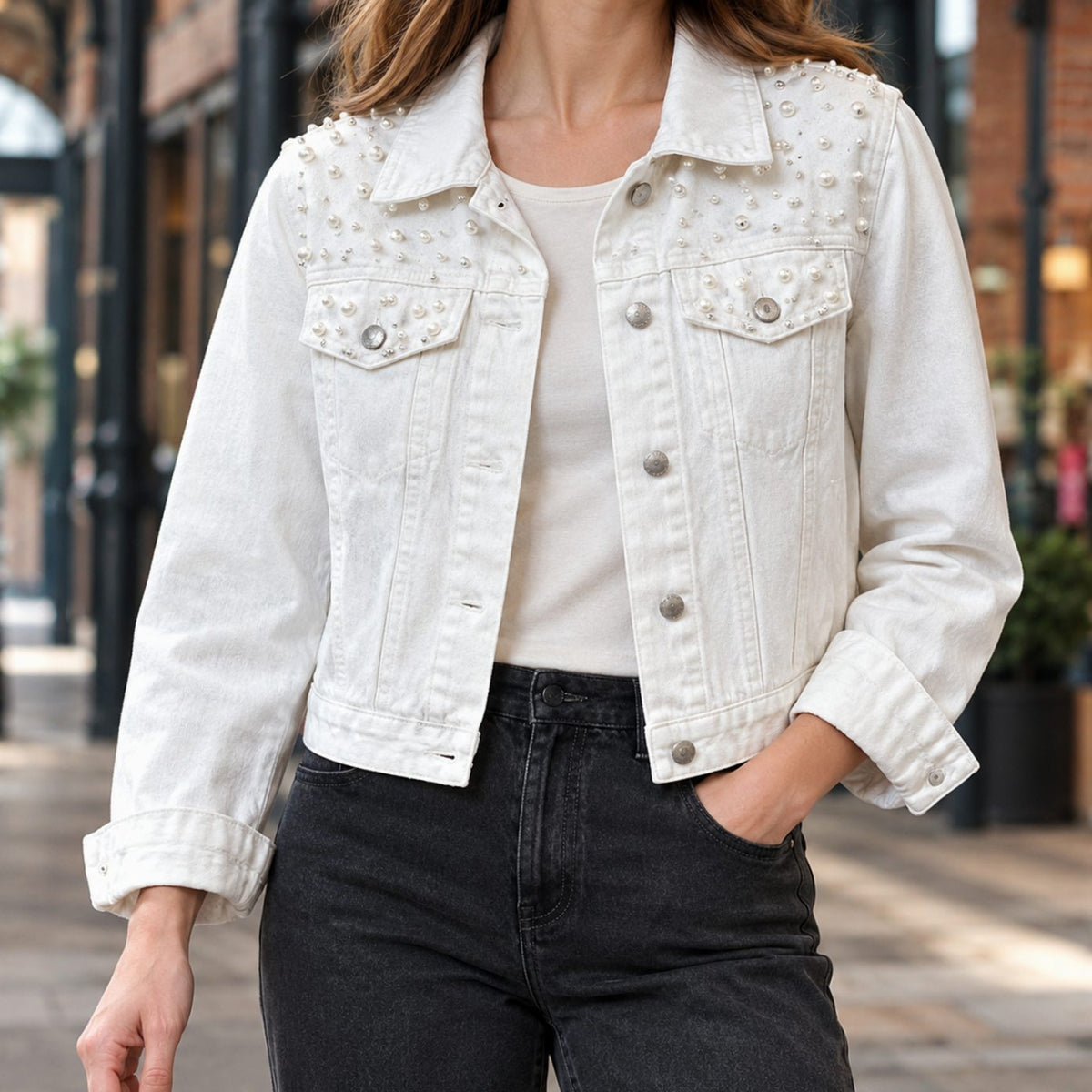 Women's Pearl-Embellished Cropped Denim Jacket - White