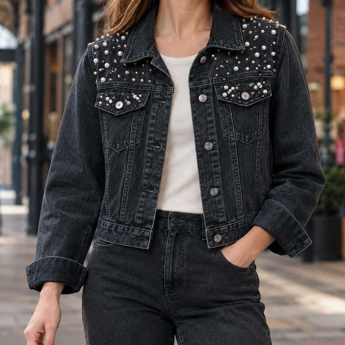 Women's Pearl-Embellished Cropped Denim Jacket - Black